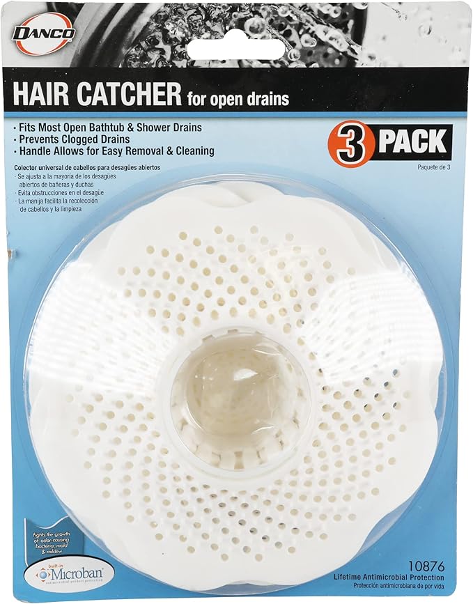 Danco Bathtub Drain Hair Catcher with In-Drain Basket and Strainer Pegs, fits 1.25″ Tub Drains, White, 3-Pack, (10876)