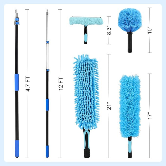 FAHKNS 20 Foot High Ceiling Fan Duster, Heavy Duty High Reach Duster Kit for Cleaning, Spider Web Brush, Washable Dust Brush for High Roof and Glass Surfaces (with 5-12ft Extension Pole)