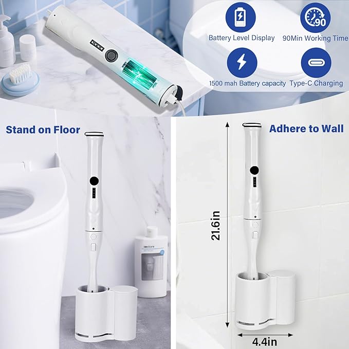 Electric Toilet Brush Scrubber and Holder Set,Electric Toilet Bowl Cleaning Kit with 8 Disposable Refill Heads,Hard Nylon Brush and Soft Silicone Brush