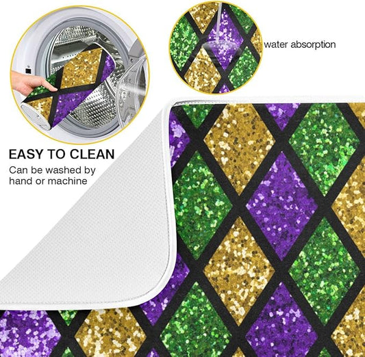 Mardi Gras Dish Drying Mat for Kitchen Gold Purple Green Buffalo Plaid Microfiber Drying Mats Absorbent Reversible Dish Pad Medium Dish Draining Mat 16x18 inch