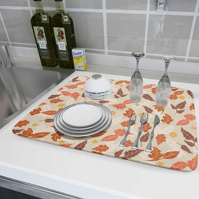 Fall Burnt Orange Leaf Dish Drying Mat 18 x 24 Inch With Absorbent Reversible Microfiber Autumn Thanksgiving Drying Mats Dish Drainer Mat Fast Dry For Kitchen Dining Room Decoration