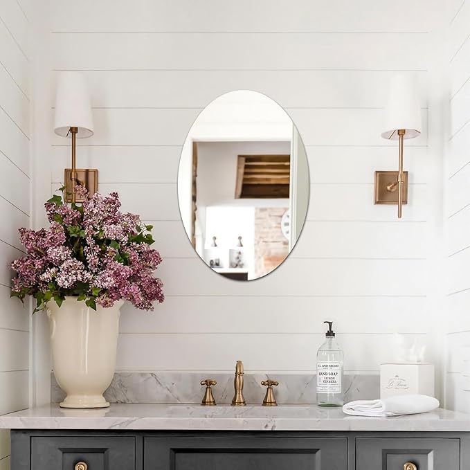 DARENYI 16.5 x 13 inch Frameless Oval Wall Mirror for Bathroom Sink, Non-Glass Shatterproof Acrylic Mirror Tile for Wall, Vanity, Bedroom, Living Room, Entryway, Home Decor, Double-sided Tapes Include