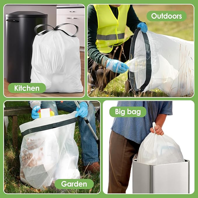 Teivio 20 Gallon 60 Counts (fit 18-20 Gal) Large Drawstring Trash Bags Strong Tall Kitchen Compactor Bags Garbage Bags for Home/Office/Light Residential Waste/Outdoor Trash Can, Lawn,Trash Bags White