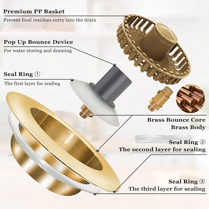 BAOLSLS Kitchen Sink Drain Strainer, 3 in 1 Pop up Kitchen Sink Stopper, with an Extra Basket Strainer, for US Standard 3-1/2 Inch Drain, Copper Material, Brushed Gold