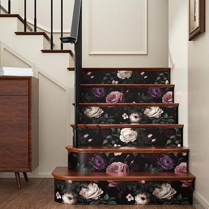 Fvlow Dark Flower Wallpaper Peel and Stick Vintage Pink Rose Contact Paper 17.4" x 393" Black Floral Waterproof Self-Adhesive Wall Covering for Bedroom Countertop Desk Cabinet