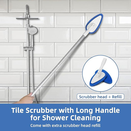 Qaestfy Shower Bathtub Tub and Tile Scrubber Brush with 51'' Adjustable Long Handle Cleaning Brushes Lock in Place Scrub Brush Head for Bathroom Wall Floor Scrubbing Model QAE008