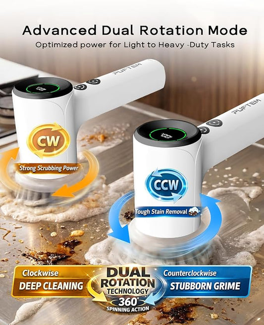 PUFTEM Upgraded Electric Spin Scrubber, Powerful Cordless Shower Scrubber with 4500mAh Large Battery & Speed Display, 6 Replaceable Brush Heads, Cleaning Brush for Bathroom Tile Tub Floor (White)