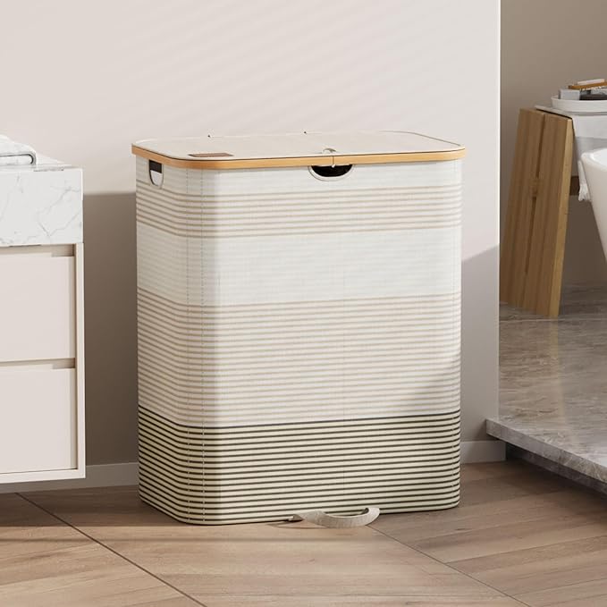 Double Laundry Hamper with Lid and Removable Bags, 150L Large Collapsible 2 Dividers Dirty Clothes Basket with Handles, Beige Double Laundry Basket Organizer for Bedroom,Laundry Room,College