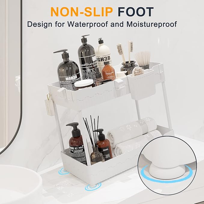 2 Pack Under Sink Organizer, Under Bathroom Cabinet Organizer with Hooks Hanging Cup, Multi-Purpose Storage Shelf for Kitchen Bathroom (White, 12.8 Inch)