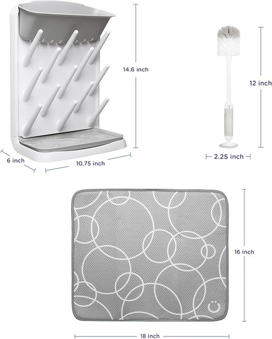 Ubbi Vertical Spacing Saving Bottle Drying Rack with 13 Pegs, 2-in-1 Bottle Brush & Microfiber Drying Mat Bundle, Newborn Baby Essentials, Baby Registry Must Haves, New Parent Gifts, Gray