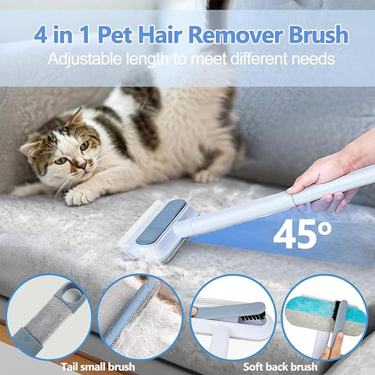 Pet Hair Remover, 4 in 1 Multifunctional Pet Hair Removal Tool for Dog and Cat, Resuable Long Handle Fur Remover with Dual-Sided Cleaning Brush, Washable Fur Brush for Furniture,Couch,Carpet,Clothes