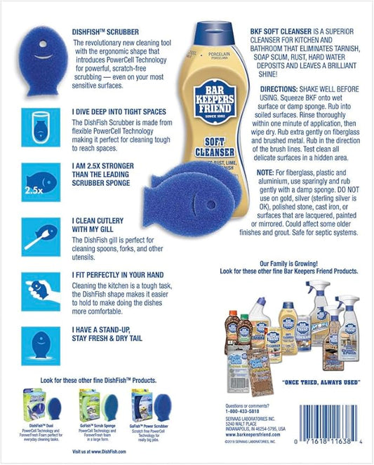 Bar Keepers Friend Ultimate Cleaning Kit | Soft Cleanser Liquid (26 OZ) & Two DishFish Scrubbers | Multipurpose, Stainless Steel, Rust, Soft Cleaner with Heavy Duty Non Scratch DishFish Scrubbers
