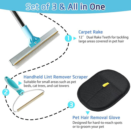 Carpet Rake for Pet Hair Removal Tool, Reusable Pet Hair Remover Broom with 54” Adjustable Long Handle, Cat Dog Hair Remover Carpet Scraper Broom with Copper Rake Teeth & TPU Brush for Rugs Mats Couch
