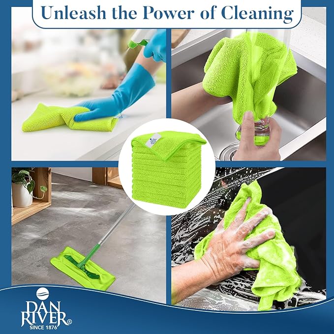 DAN RIVER 12-Pack Green Microfiber Towels โ Ultra Absorbent, Lint-Free & Streak-Free Terry Cloth Rags for Home, Car & Kitchen - Must-Have Cleaning Essentials - 12" x 12"