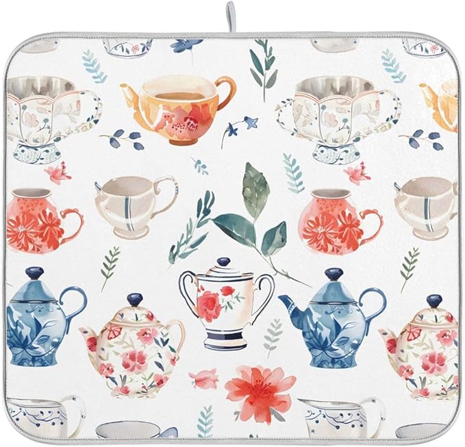 Watercolor Tea Cups Teapots Dish Drying Mat for Kitchen Counter Absorbent Microfiber Drying Pad, Medium 16x18 in, Reversible Drainer Mats