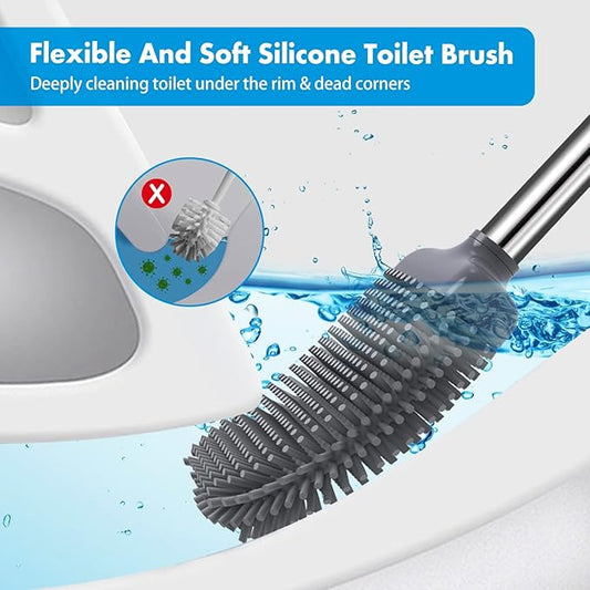 Toilet Brush, Silicone Toilet Brush and Holder, Flexible Toilet Bowl Brush Head with Ventilated Holder, Wall Mounted Compact Toilet Brush Set for Bathroom Cleaning (1, Gray)
