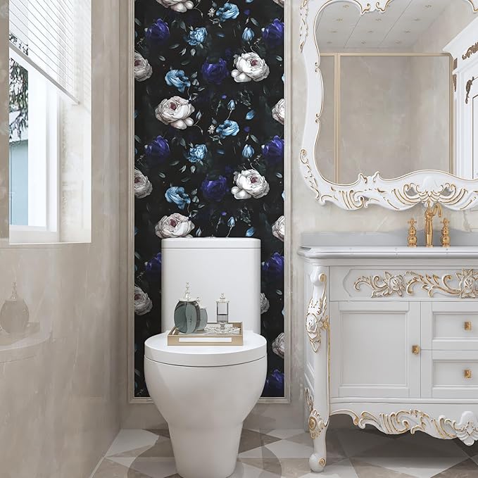 Dark Floral Peel and Stick Wallpaper, Vintage Black/Blue Rose Flower Contact Paper 17.5" x 393.7", Waterproof Self Adhesive Boho Decor Black Rose Wall Paper for Bedroom Walls Bookcase Drawers Decor
