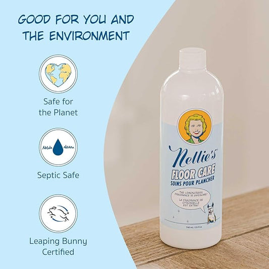 Nellie's Floor Care – Plant-Based Floor Cleaner for Hardwood, Tile, Ceramic, and More – Effectively Lifts Dirt and Odors – Fresh Lemongrass Scent (25 fl oz) - Made in Canada