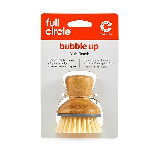 Full Circle Bubble Up - Bamboo Dish Brush – Ergonomic Palm Scrubber with Handle for Kitchen Cleaning, Gray, Pack of 1