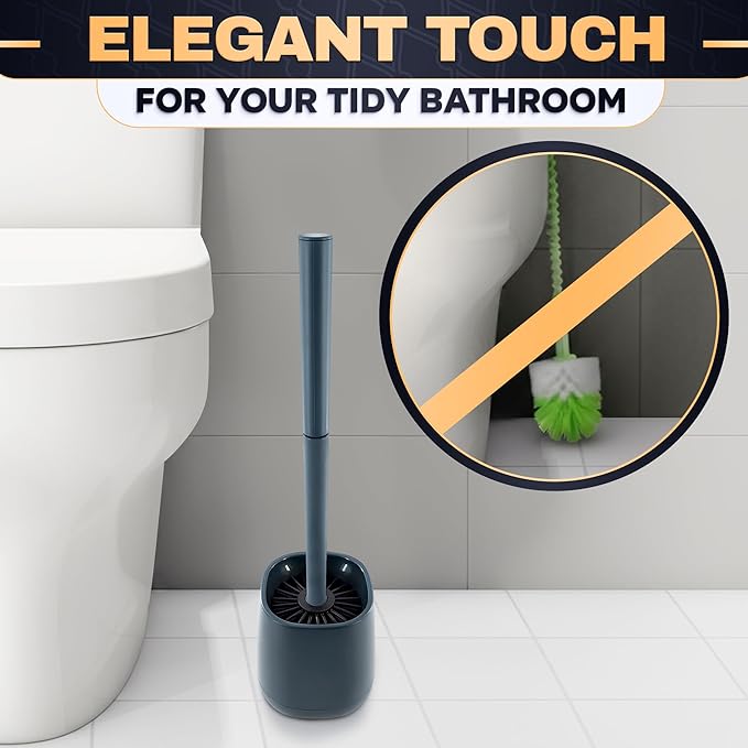 Toilet Brush and Holder Set - Silicone Toilet Brush Cleaner with Dark Grey Holder Base, Compact Accessory for Small Spaces - Easy to Place & Simple to Store After Use, Plastic Bathroom Cleaning Tool