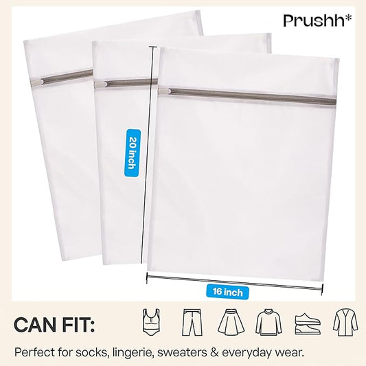3Pc Spacious Durable Mesh Laundry Bags (16x20 Inches) Protects Delicates, Fine Mesh for Uniform Wash & Dry, Auto-Lock Zipper, Washer-Friendly, For Home, Dorm or Storage, Fits Socks to Sweaters