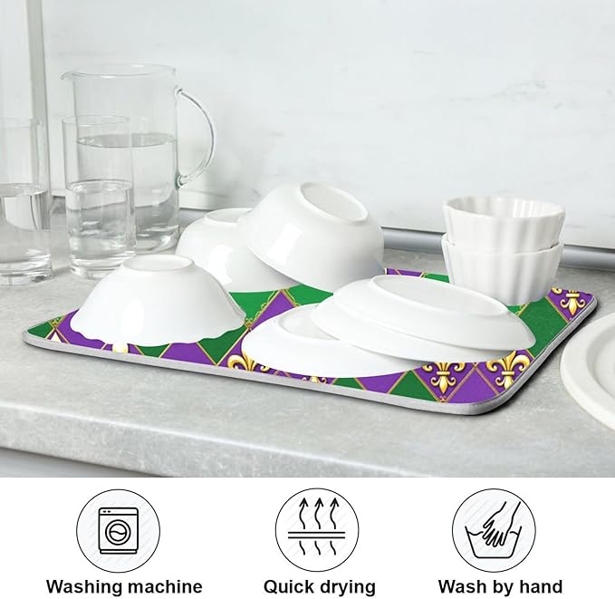 Happy Mardi Gras Purple Green Dish Drying Mat for Kitchen Countertop 16x18 Fleur de Lis Buffalo Plaid Small Drying Mat Reusable Quick Dry Dish Sink Mats Easy Clean Decorative Essentials
