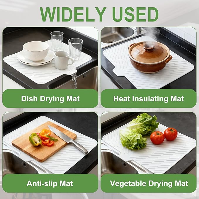 Silicone Drying Mat, 23"X17" With Built-in Drain Lip,Heat-Resistant,Eco-friendly,Hygienic Drying Pad,Leak-Proof and Non-Slip,Silicone Dish Drying Mat for Kitchen Counter or Sink(White 23X17)