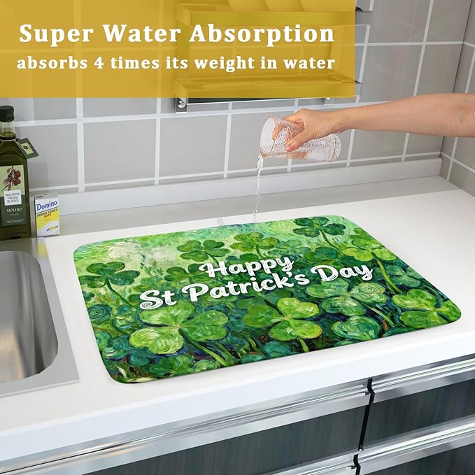 St Patricks Day Lucky Clover Dish Drying Mat for Kitchen Counter 18x24 Green Shamrock Happy Holiday Theme Absorbent Reversible Microfiber Drying Mats Kitchen Countertop Protector Dishes Drainer Pad
