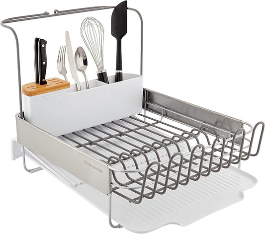 KitchenAid Full Size Compact to Full Capactiy Expandable Rust Resistant Dish Rack, with Self Draining Angled Drainboard and Removable Flatware Caddy, 24-Inch, White