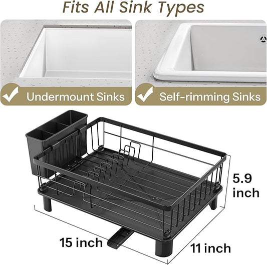 SNTD Dish Drying Rack - Space-Saving Dish Rack for Kitchen Counter, Stainless Steel Dish Drainer with Utensil Holder and Drainboard, 11" W x 15" L (Black)