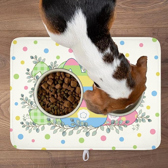 Easter Bunny Dish Drying Mat for Kitchen Counter Cute Rabbit Colorful Polka Dots Pattern Drying Mat 18x24 Inch Spring Holiday Absorbent Dish Drainer Mat Kitchen Accessories