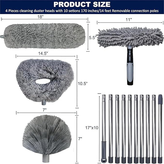 4 Pack 20+ Feet High Reach Dusting Kit with 3-14 ft Spliceable Pole //2 in 1 Window Cleaning Kit // High Ceiling Duster // Cobweb Microfiber Duster // Ceiling Fan Duster Cleaning Kit for Home Clean