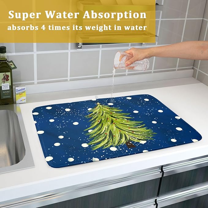 Christmas Tree Dish Drying Mat 18 x 24 Inch With Absorbent Reversible Microfiber Navy Blue Green Xmas Snowflake Drying Mats Winter Holiday Dish Drainer Mat Fast Dry For Kitchen Dining Room Decoration