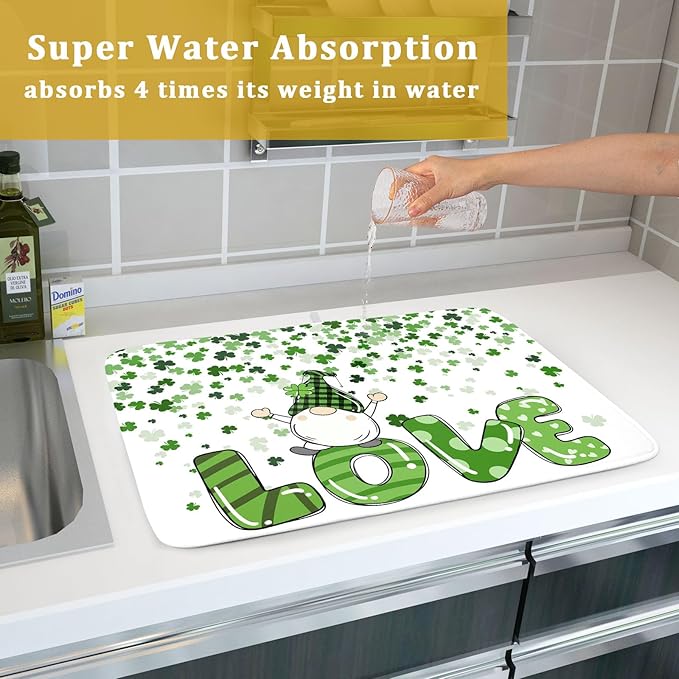 St Patrick's Day Gnomes Love Dish Drying Mat for Kitchen Counter,Green Shamrock Clovers Drying Mat 18 x 24 Inch with High Absorbent Microfiber Drainer Mat for Coffee Bar