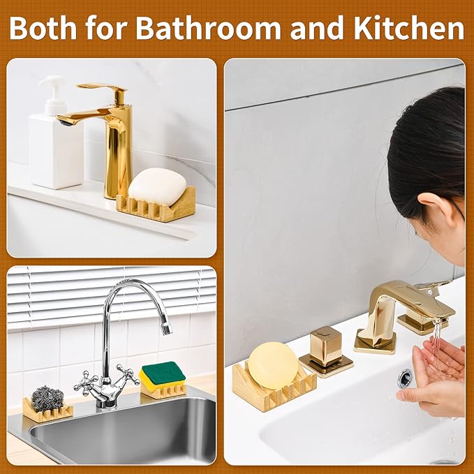 SUBEKYU Bamboo Soap Dish Self Draining Wooden Bar Soap Holder Soap Saver for Shower Slope Drainage Design with Waterproof Layer Wood Soap Dish for Bathroom and Kitchen,2PCS