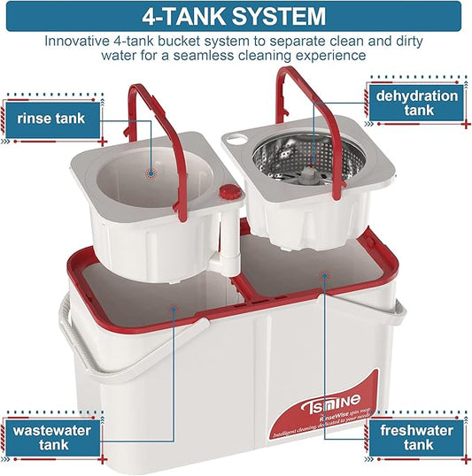 Gen 1 Large-Capacity Spin Mop and Bucket – for Big Homes & Deep Cleaning Days,4-Chamber System Separates Dirty & Clean Water, 2-GAL Heavy-Duty Design with Wheels & 6 Refill Mop Heads - White/Red