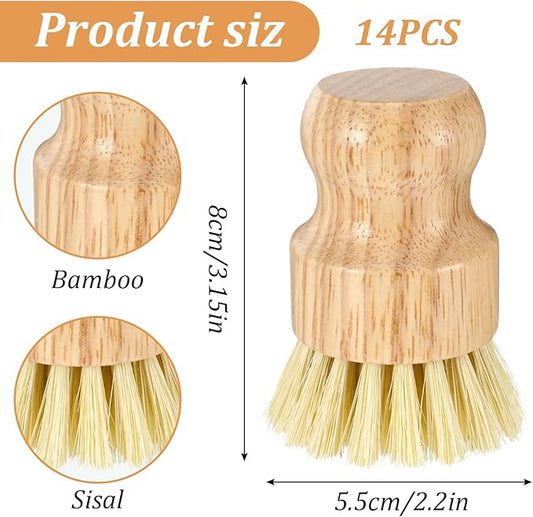 14 Pack Bamboo Dish Brush Set Natural Sisal Scrub Brushes for Pots Pans Sinks Vegetables, Wooden Dishwashing Scrubber Brush Kitchen Cleaning Tool