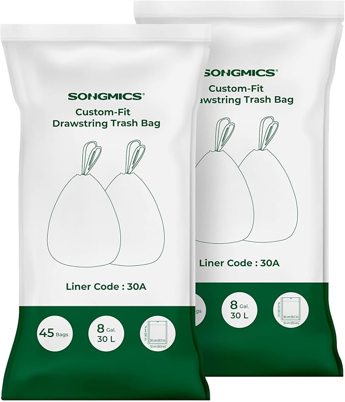 SONGMICS Trash Bags for 8-Gallon (30 L) Trash Cans, Drawstring Kitchen Garbage Bags, Pre-Separated, Liner Code 30A, 2 Rolls, 90 Count, White UKRB30A02