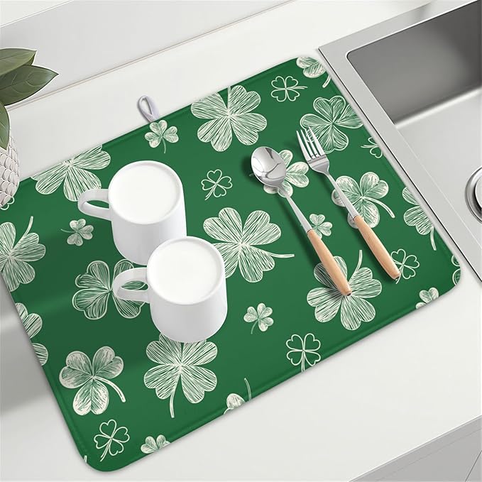 St Patrick's Day Dish Drying Mat 18 x 24 Inch Green Shamrock Dish Drainer Rack Mat Absorbent Microfiber Mats for Spring Lucky Clovers Dish Pad for Kitchen Coffee Bar Decor
