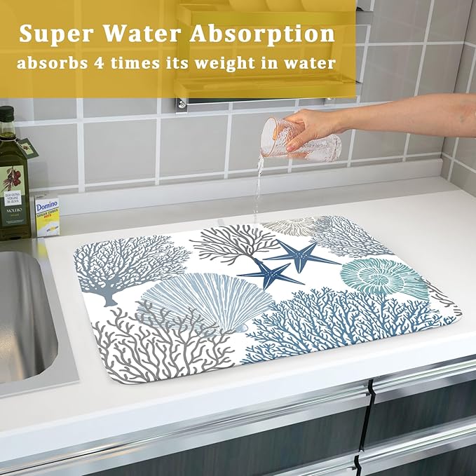 Summer Coastal Dish Drying Mats for Kitchen Counter 16x18 Inch Sea Shells Starfish Drying Mat High Absorbent Reversible Kitchen Mat Blue Coral Ocean Themed Dishes Pad for Countertop Tableware Decor