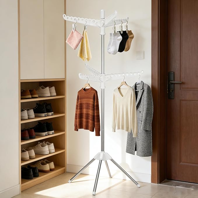 2-Layer Rotatable & Foldable Clothes Drying Rack 75" Stainless Steel Laundry Drying Tree with 6 Rotatable Arms, 4-Leg Free-Standing Hanger Stand for Indoor, Balcony, and Laundry Room
