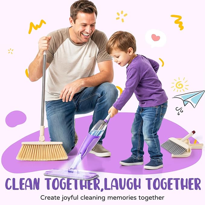 Kids Cleaning Toy Set,Purple Mini Spray Mop Montessori Toys Pretend Play Cleaning Tool for Toddlers with Spray Mop & Kids Broom Dustpan Set Cleaning Toys Gift for Toddlers Girls Boys Age 3+