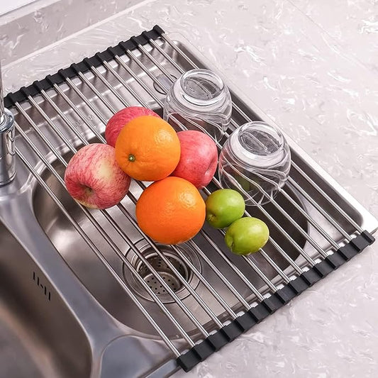 Seropy Roll Up Dish Drying Rack Over The Sink Drying Rack for Kitchen Counter, Rolling Dish Rack Over Sink Mat, Foldable Dish Drainer Stainless Steel Rack Kitchen Organization Gadgets Black 17"x11.8"