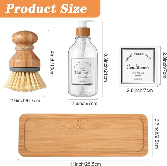 Zopeal 4 Pcs 16 oz Kitchen Soap Dispenser Set with Bamboo Tray and Dish Brush Plastic Soap Dispenser Set with Waterproof Labels for Hand Dish Lotion(Transparent)