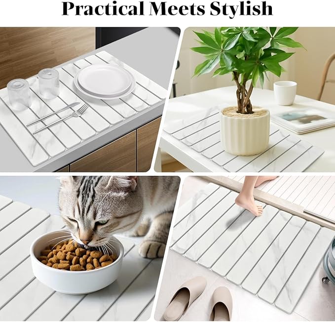 3 PCS Large Stone Dish Drying Mat for Kitchen Counter, 24"×16" Marble Absorbent Dish Drying Mat with 24"x 4" Faucet Mat for Kitchen Sink, Earth Mats for Dishes Bottles Cups, Match Any Countertop
