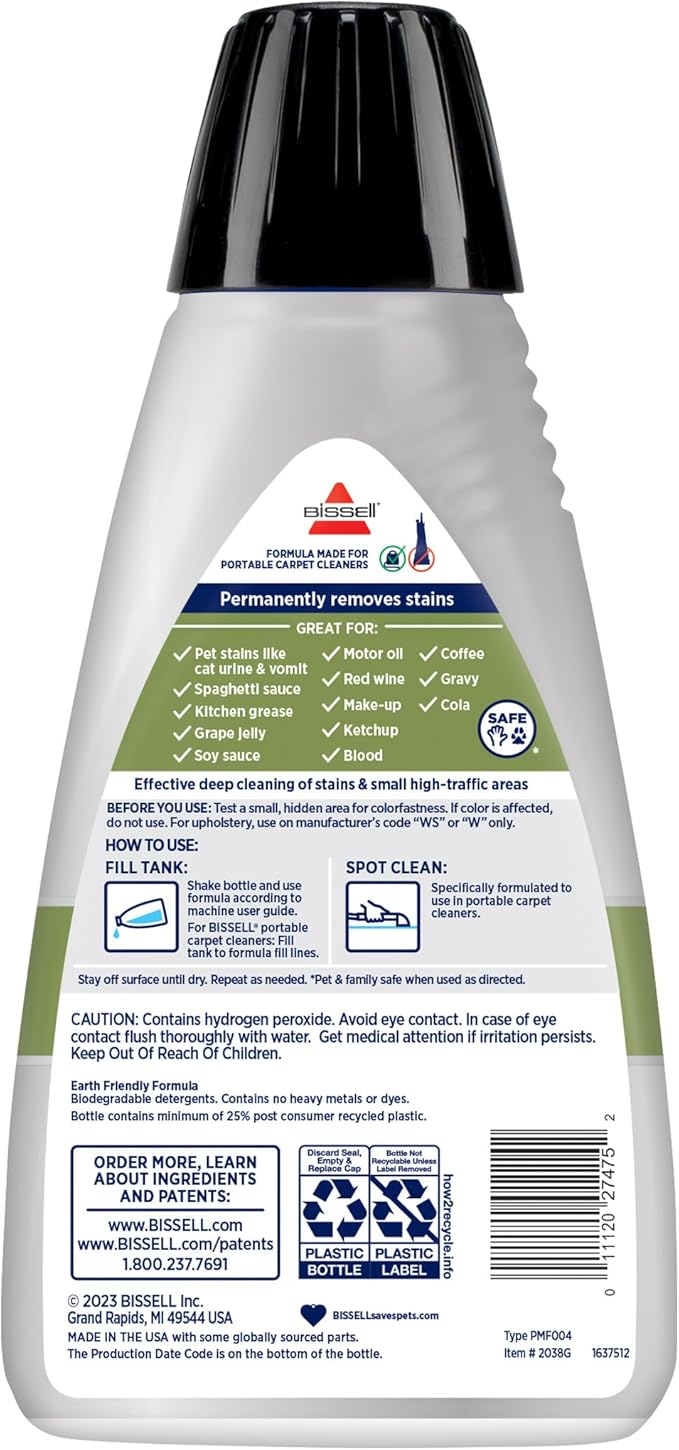 Bissell Little Green Spot & Stain Cleaning Solution with OXY and StainProtect, for All Leading Portable Carpet & Upholstery Deep Cleaners, Instantly & Permanently Removes Stains, 2038G, 32oz
