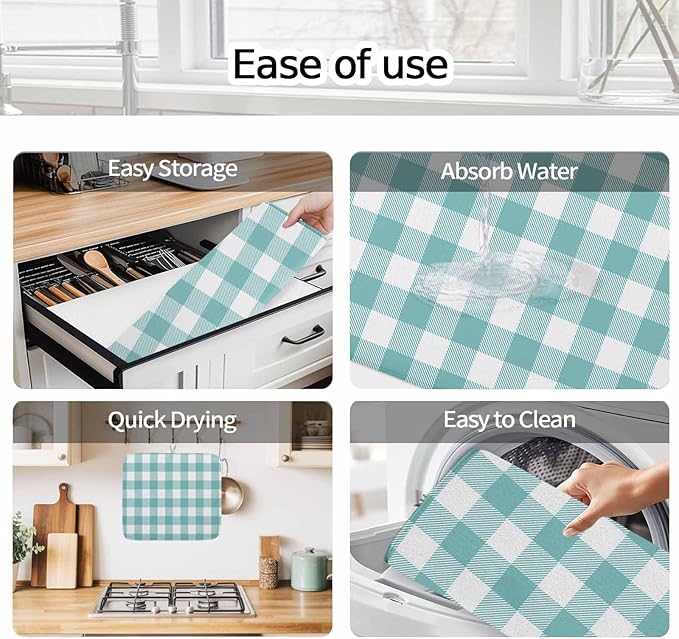 Dish Drying Mat Teal Green White Check Plaid Drying Mats for Kitchen Counter Farmhouse Style Absorbent Microfiber Dish Drainer Quick Drying Coffee Mat with Hanging Loop, 16 x18 inch