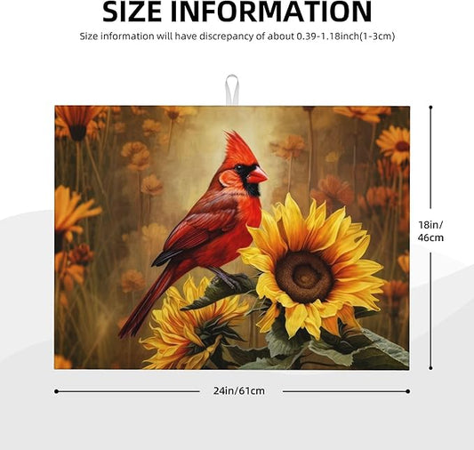 Red Bird Sunflower Dish Drying Mats for Kitchen Counter, Absorbent Reversible Microfiber Dish Drying Pad, Multi-Use Large Drying Mat Coffee Bar Accessories 18"x24"