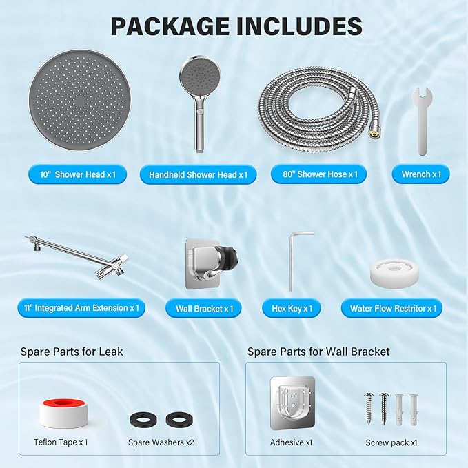 FASDUNT High Pressure Rain Shower Head with Handheld Spray Combo, 10" Rainfall Shower Head with Adjustable Integrated Extension Arm, Detachable Dual Shower Heads with 80" Long Stainless Steel Hose
