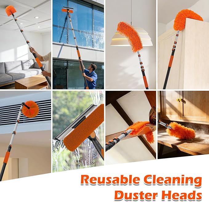 16FT Reach High Ceiling Duster Kits with 3-12FT Adjustable Pole - Includes Extra Long Duster, High Ceiling Duster, Rotatable Window Squeegee & Cobweb Duster for Ceiling Fans and Whole House Cleaning